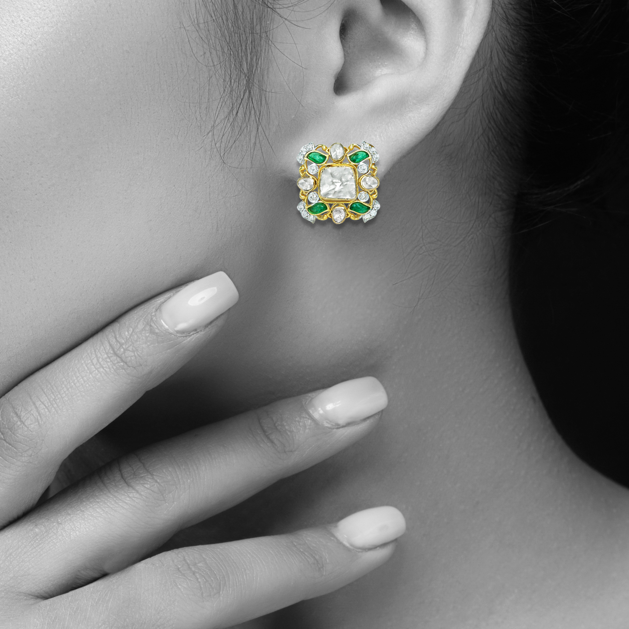 Square Polki Earrings with Emerald Leaves and Gold Filigree
